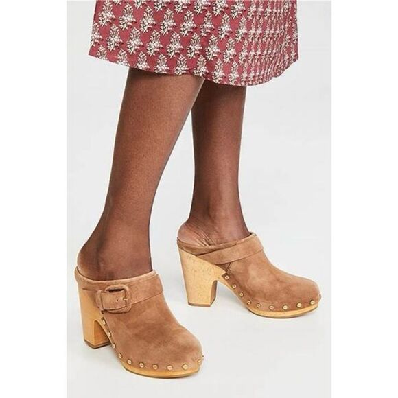 Veronica Beard Dacey Heeled Slip On Clogs Brown Suede Clogs Gold Accents Sz 11 - Picture 1 of 15